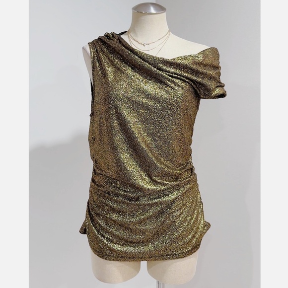 Donna Karan Women's Gold/Black Metallic Shiny Ruched One Shoulder Top Size L - Picture 5 of 7